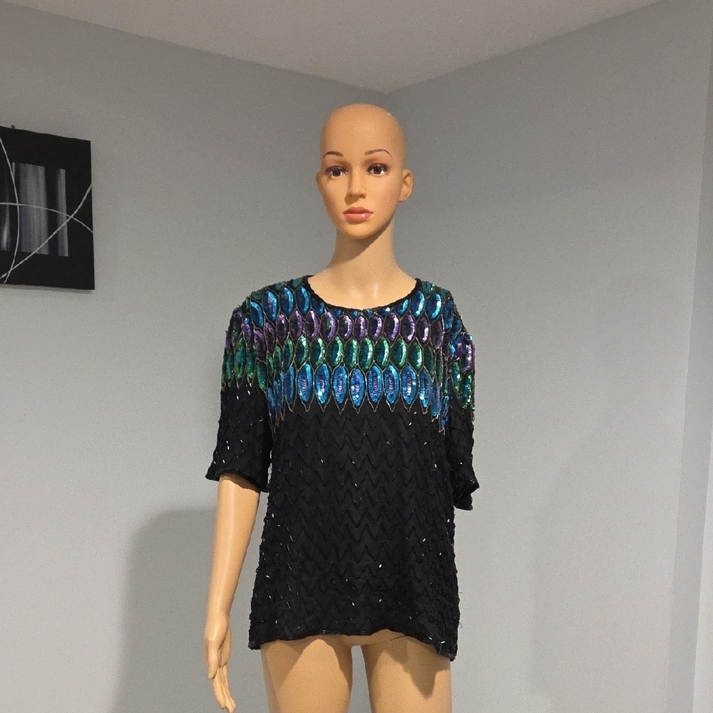 Vintage Black and Multicolor Sequin Blouse